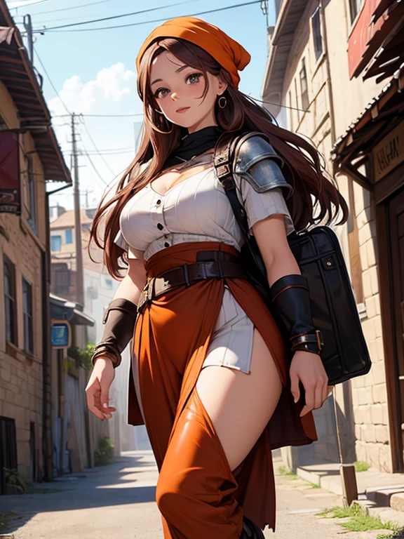 1GIRL,REVY, BIG BREASTS,MUSCUALR FEMALE,, full body, crazy smile, pirate clothing, bandana, holding bow, pants