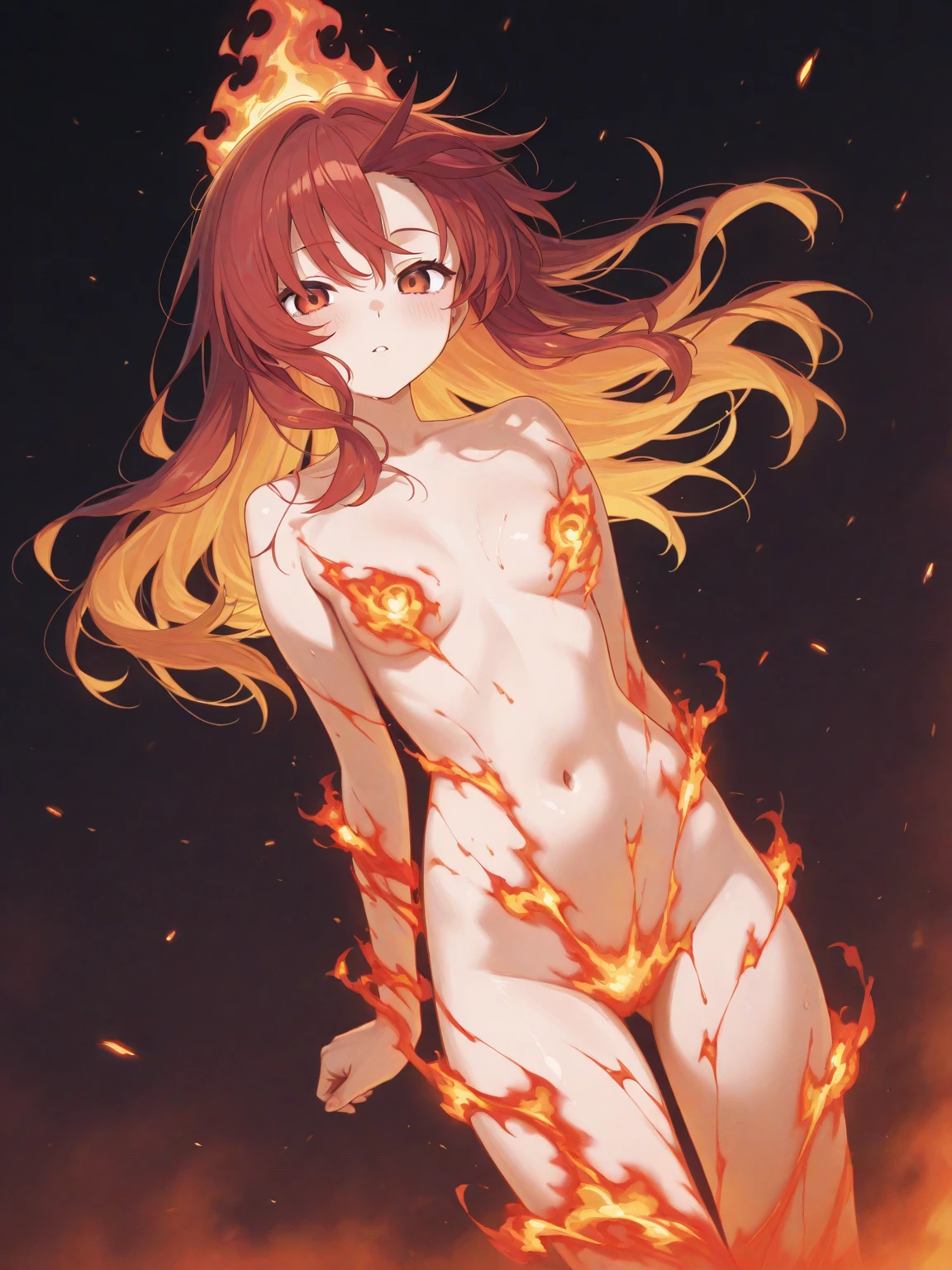 1girll， （Solo exhibition：1.2）， （（tmasterpiece））， [Slim]， （small boobs）， paleskin， （（Detailed eyes））， （Bokeh effect）， （whaite hair）， fire flame effect， （scowling）， annoyed， Black and red， shoe， standing on your feet， （The upper part of the body）， contours， （Bright red eyes）， unholy， Villain theme， Dark theme，NSFW See-Through Lingerie，transparent panty), (see through nips), (No panties, No bra)),