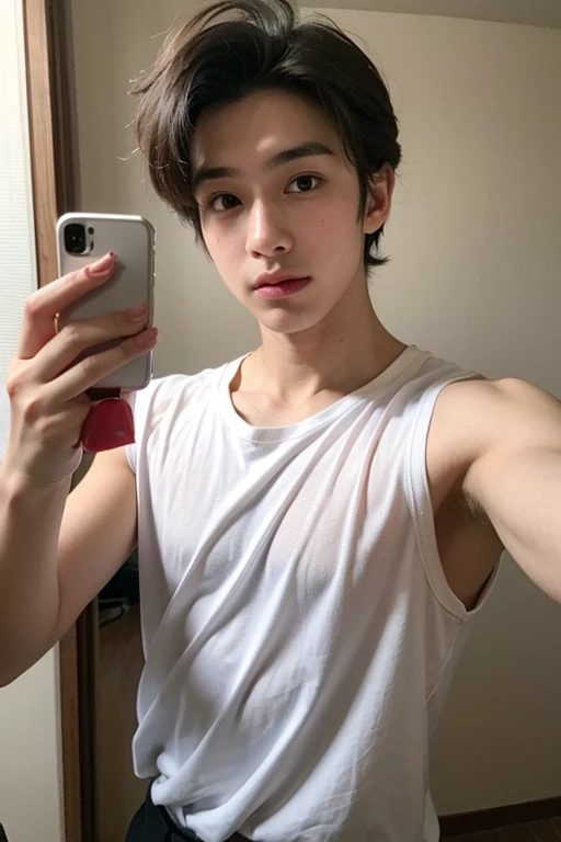 Man with Korean features and looks like BTS singer Jungkook, taking selfie in the mirror, appears to be 23 years old and has shaved hair on the side, on the ruler.