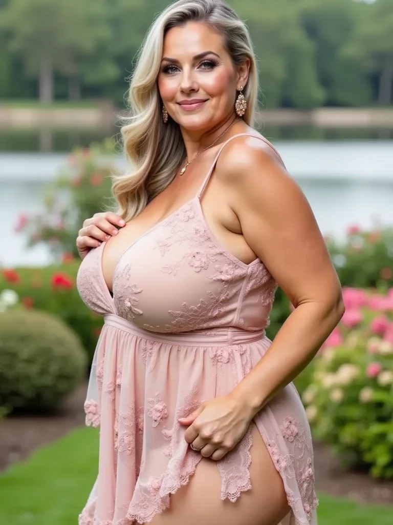 Realistic portrait of a busty woman, 60 years old, wearing red dresses elegant motif. She should have a natural appearance, curvaceous forms, blue eyes, gray hair, smile, Shoot this image in high resolution with a 35mm lens to get a good perspective. Sitting on the chair, river and Meadow views 