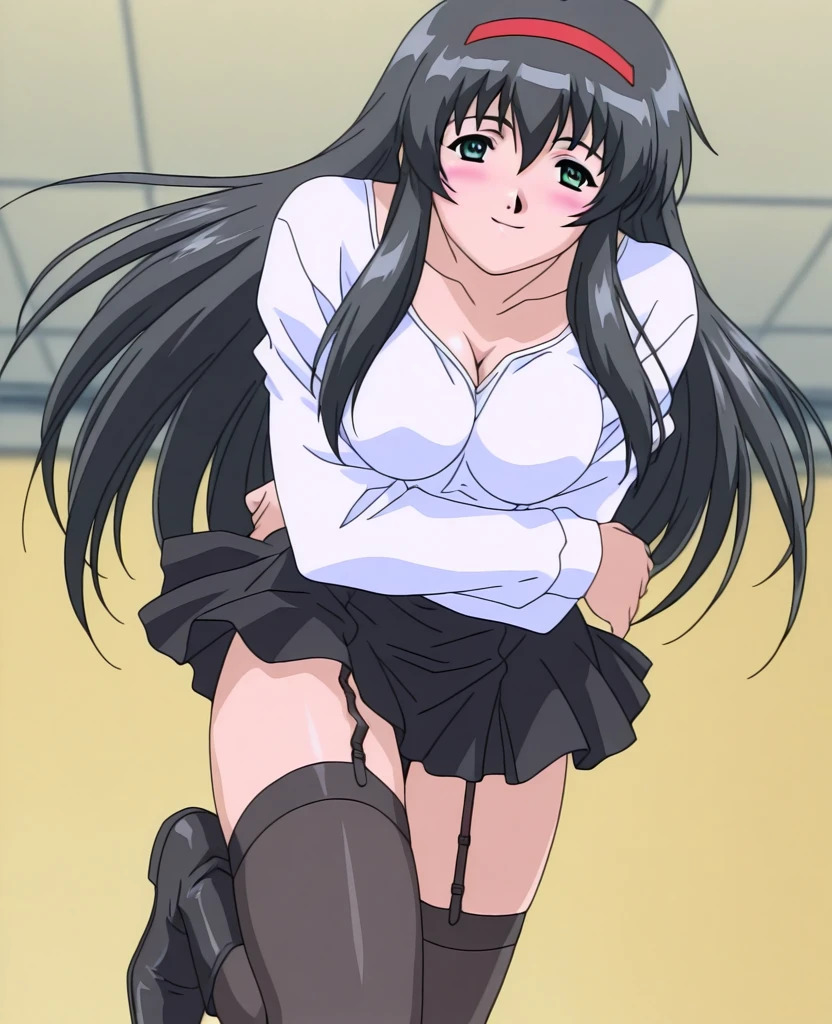 Mizushima Asa, a girl with big breasts and beautiful legs, is wearing a miniskirt uniform, her light blue and blue striped panties are visible, and she is sitting on a chair with her legs spread to the sides.。