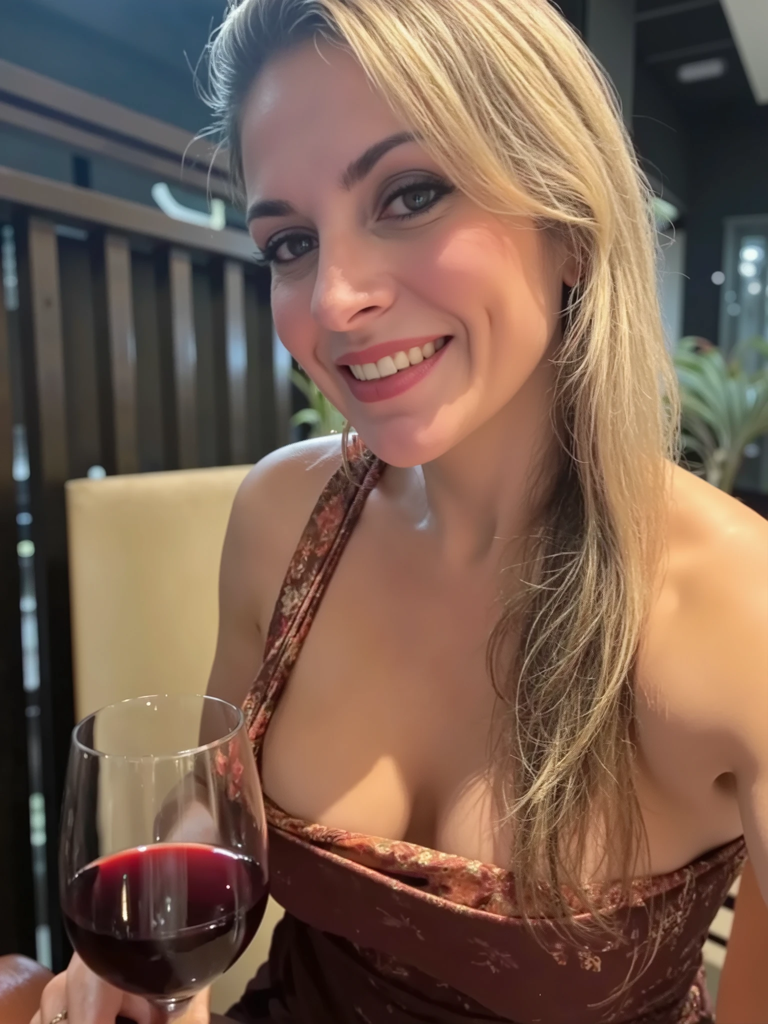 (smiling, beautiful woman, flowers, vase of flowers:1.2), with a big smile, breasts, grande_seio, desk, bra, lingerie, seductive, sweet. --auto --s2