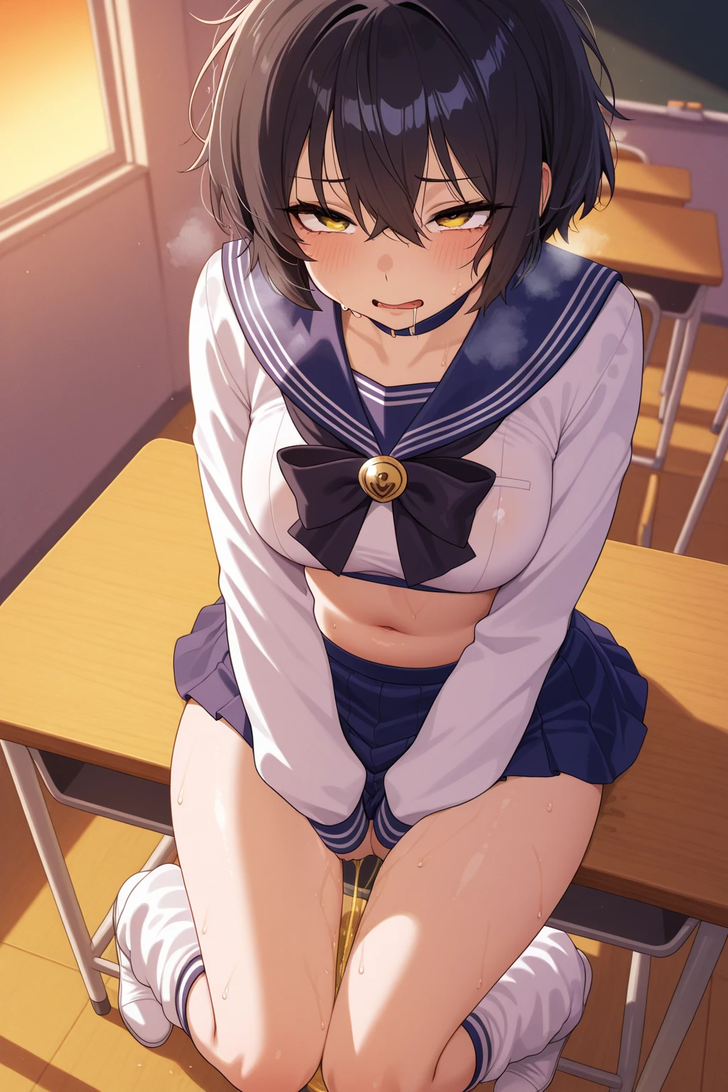 masterpiece、最high quality、High resolution、high quality、wavy mouth、Akina Mieda、akina、Sweat、tears、Tongue out、In the classroom、School Swimsuit、Wet、vagina、pussy juice、masturbation、toplesasturbation, dildo、The gaze is looking upwards、blush、Ahegao、ahegao、squatting、nsfw
