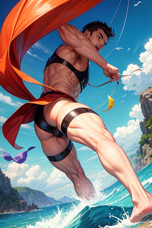 A male，45 yers old，musculous，vast pecs，Huge crotch bulge，Bare upper body，Bare thighs to feet，Briefs，sandbeach，Sit Pose，spreads her legs apart，Indecent expressions，Indecent pose，Textured skin，Cartoon，high detal，High picture quality，High- sharpness，tmasterpiece，full bodyesbian，in a panoramic view