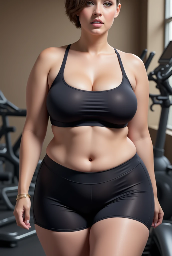A girl at gym, scenery gym background, (beautiful girl), smile, (confident), blushed, brown short hair, ((headphone, brown long har, yoga clothes, tight yoga pants)), ((big breasts)), ((wide hips)), ((thick thighs)), ((from below)), ((photorealistic)), (((masterpiece))), (((best quality))), ((highres)), ((intricate details)), (((ultra detailed hair))), (((ultra detailed eyes))), (((ultra detailed face))), ((ultra detailed skin)), ((perfect hands)), (((perfect lighting))), (raytracing),(vibrant colors) , 