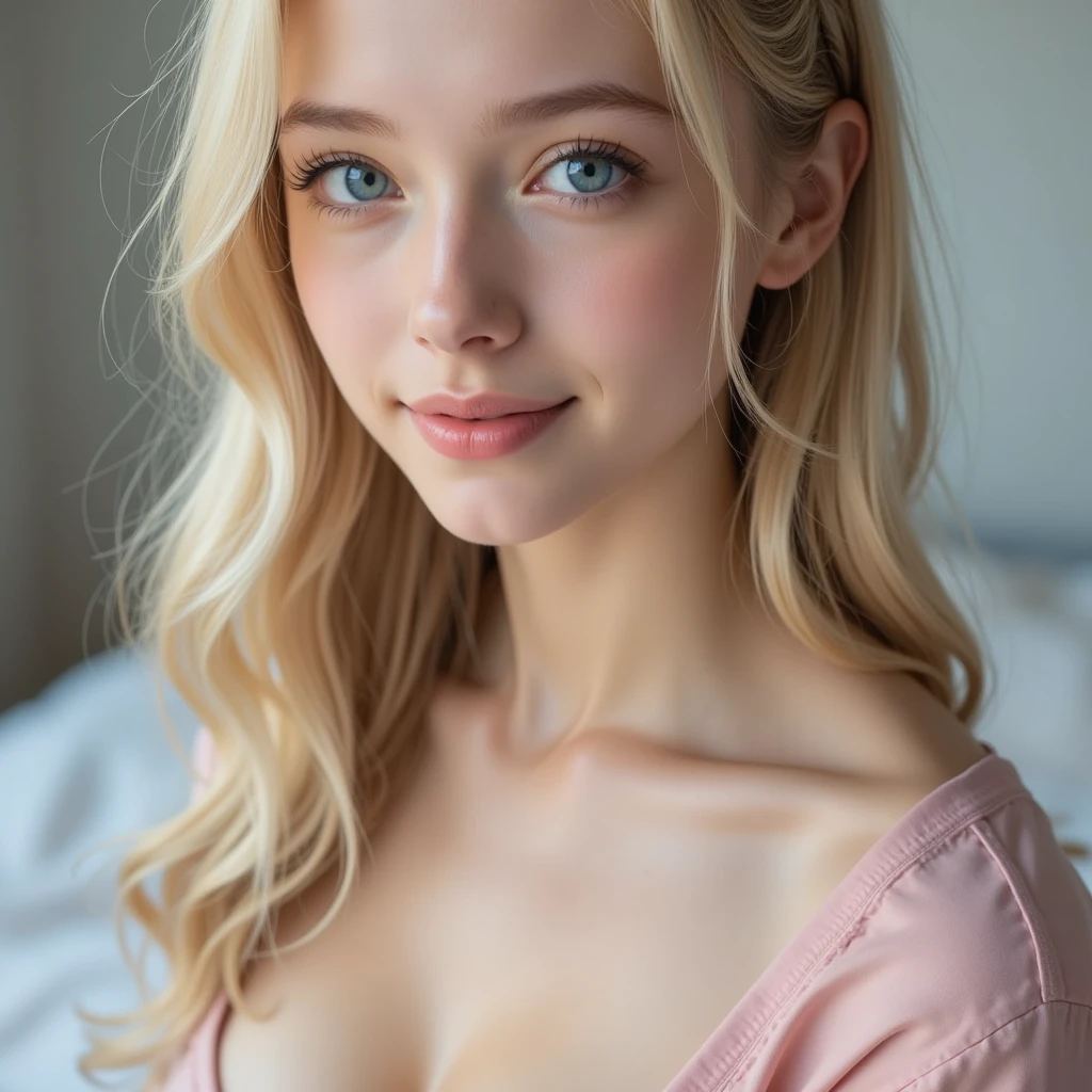 Blonde woman with long hair wearing a light pink dress and smiling, soft pale golden skin, portrait of Elle Fanning, pale skin, smooth and impeccable, soft and pale skin, soft pale white skin, Elle Fanning, pale skin suave natural, Elle Fanning), pale skin marfil, Elle Fanning as an android, pale skin y brillante, Hermosa pale skin, pale skin y clara!!, soft golden skin, curly hair, wavy hair, BIG BREASTS