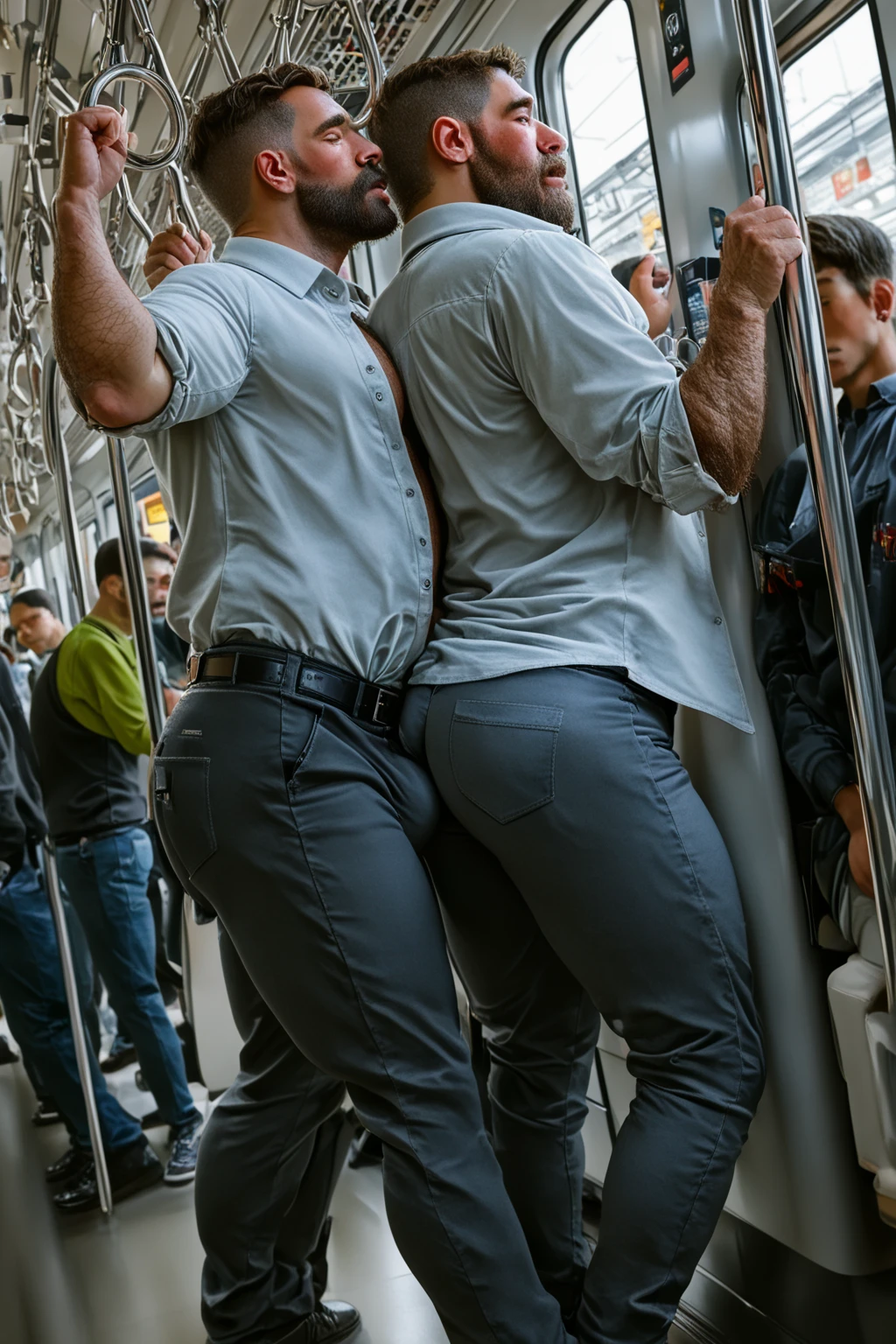 Nude man squatting bending knees, in the subway car with other clothed men. Rear view, low angle, imposing, from below.