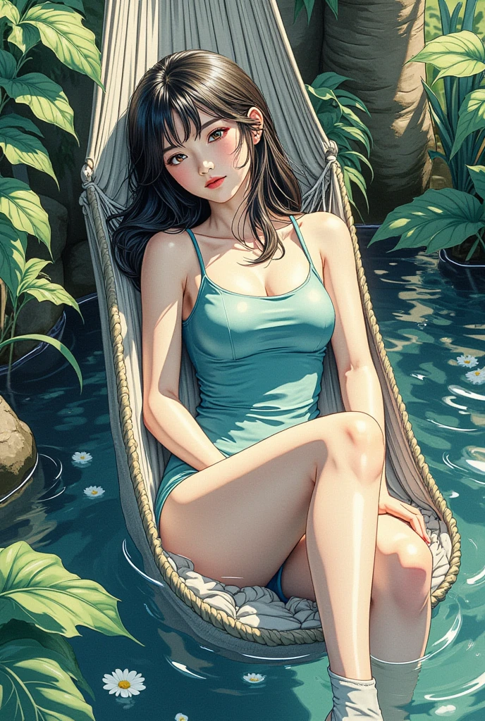 A fair-skinned woman bathes in a waterhole,Pool water and waist, And is preparing to untie the jade hairpin tied by his hair,She has wide eyes and red lips,Manners are genteel,Look at this side shyly and affectionately