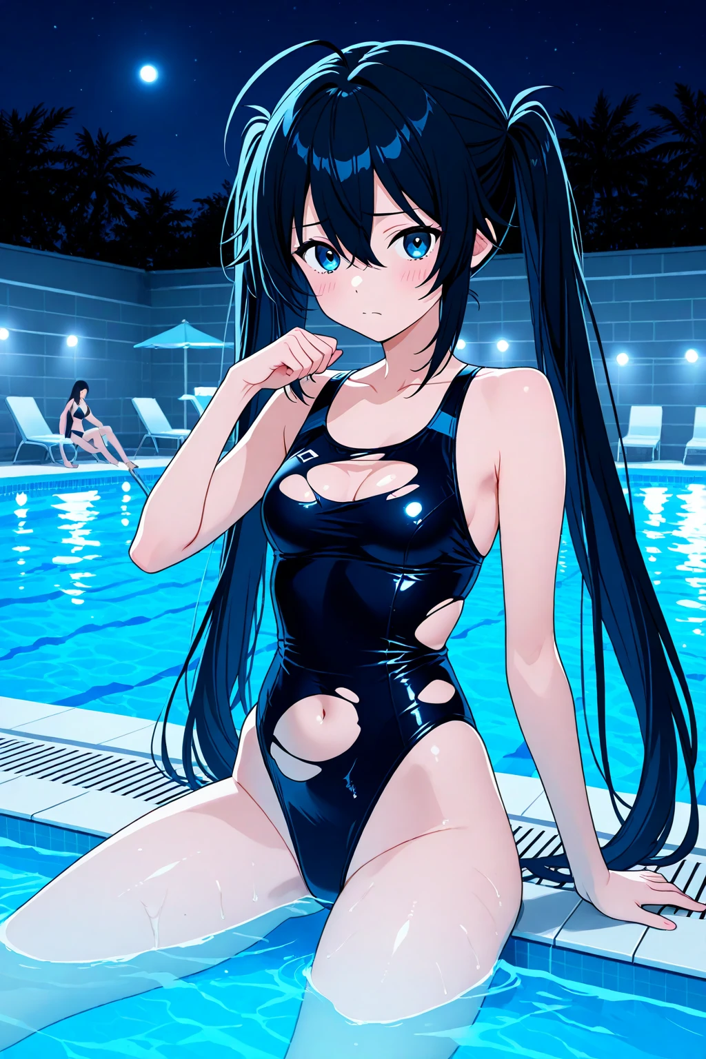 (masterpiece:1.4、top-quality、illustration:1.4,realistic、)、(character focus、breast focus,upper body:1.3)、(1girl),(Open mouth happy grin:1.3),(half closed eyes),cute face,blue eyes、()、
,(stand:1.4),(Shining smile),
,(slender),(turtleneck holder black cute swimsuit:1.3),(long blue hair:1.6,forehead:1.3), (small breasts:1.3)、
、slender、pool,、