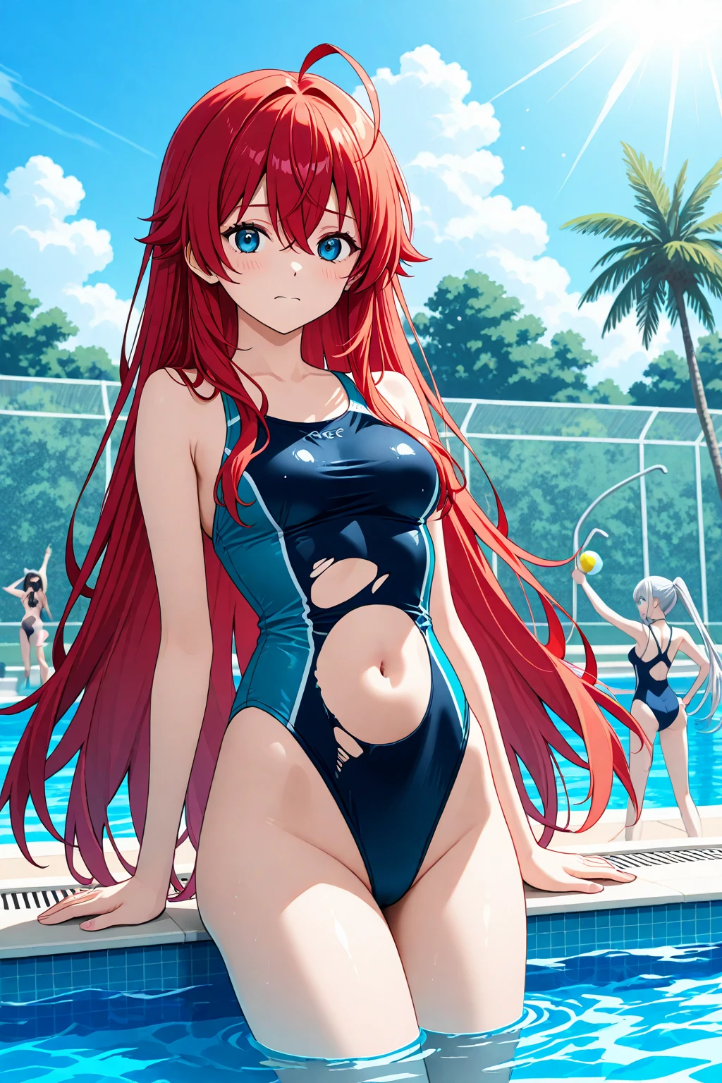 ((Anime Infinite Stratos nfsw Art, 8k, Very detailed)), The theme is pool party. It's daytime. The setting is a pool club, there are several pools, several people(multiple:1.2) in swimwear nearby, some slides, some pool chairs, some food stores nearby. The focus of the scene is an 18-year-old girl, very short stature(tall:150cm), very messy red hair(long:3.1), beautiful and slightly rounded face, purple eyes(bright:1.9), white redhead skin, black tattoo(large:1.9) of flowers completely covering the left buttock extending to the left leg, narrow chest, flat breasts, thin waist, narrow hips, very fat and big round butt(big:2.3), thin round thighs(large:1.1), wears a pink short thong bikini, fragile behavior, walking around the scene, fullbody vision(far:1.1), makes the men on the scene crazy with lust. The atmosphere is fun. Everyone in setting having fun.