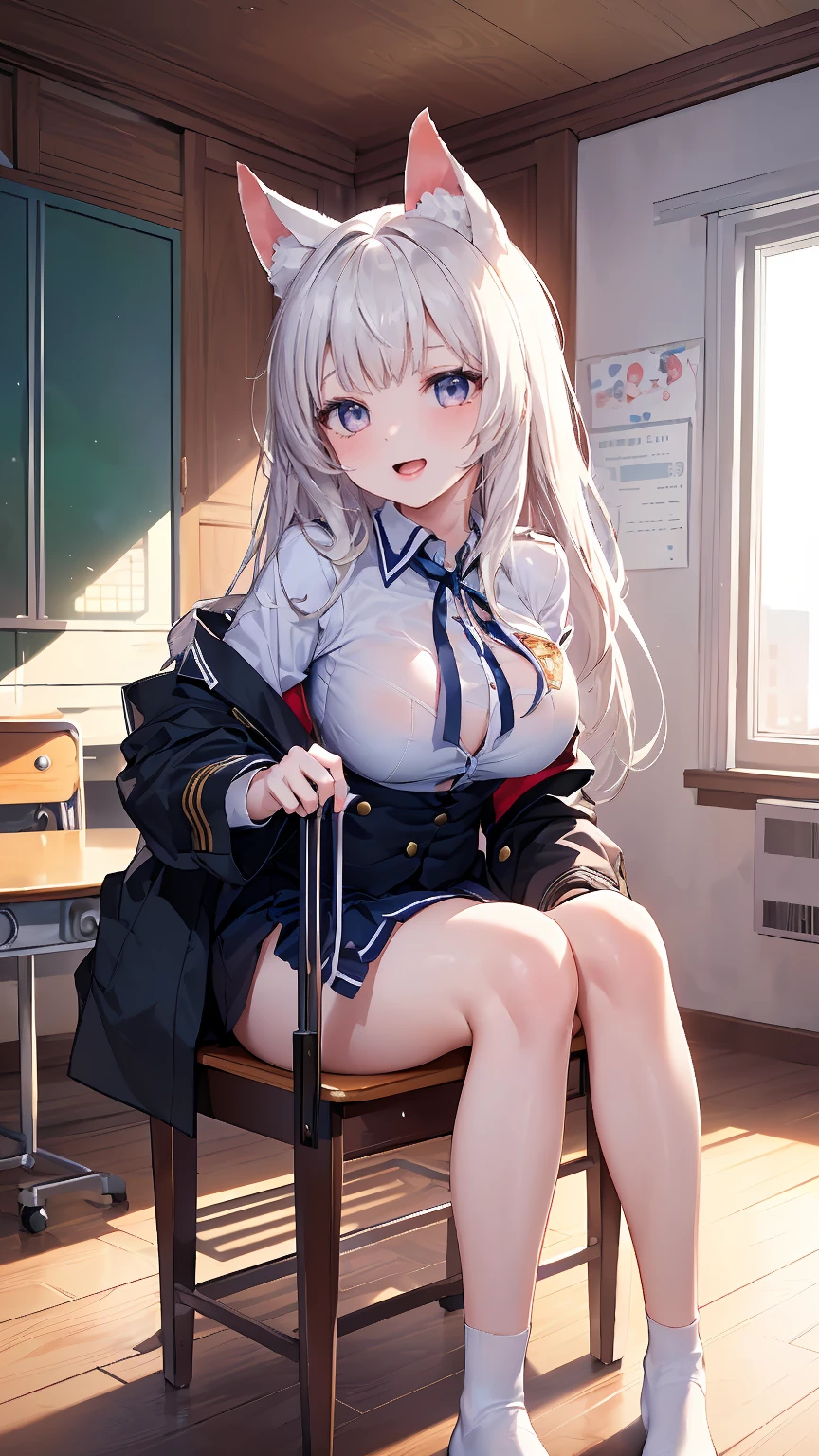 high quality,tall,and long, beautiful silver hair.. Beautiful Faces. The face is a little red. long-legged high school girl. She has a curvaceous figure、The chest is large、She has a large bottom.. short sailor uniform with a lot of skin exposure, Short skirt,Underwear is visible. The uniform jacket is off、Bare-chested. School classroom. Sitting at a desk、Her legs are slightly apart. She's lifting her skirt with one hand, showing her underwear.. Her other hand is making a gesture as if to lift her breast from below. Slightly upwards、Trying to hide that she's feeling it、Embarrassed expression. She's biting her lip to hold back. Erotic. R-18.