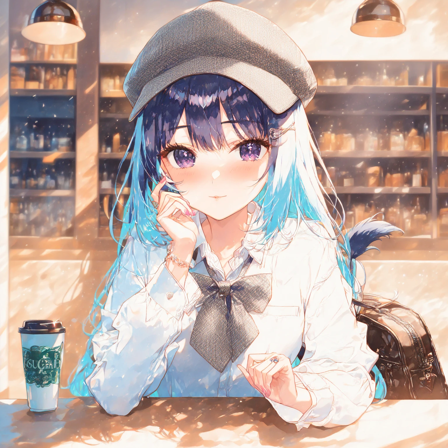 1girl, solo, long hair, blue hair, sitting, pantyhose, very long hair, bangs, jacket, blunt bangs, grey eyes, long sleeves, black footwear, blue nails, boots, nail polish, grey background, closed mouth, knees up, simple background, blue eyes, piercing, cup, black pantyhose, white jacket, ear piercing, holding, ia-style