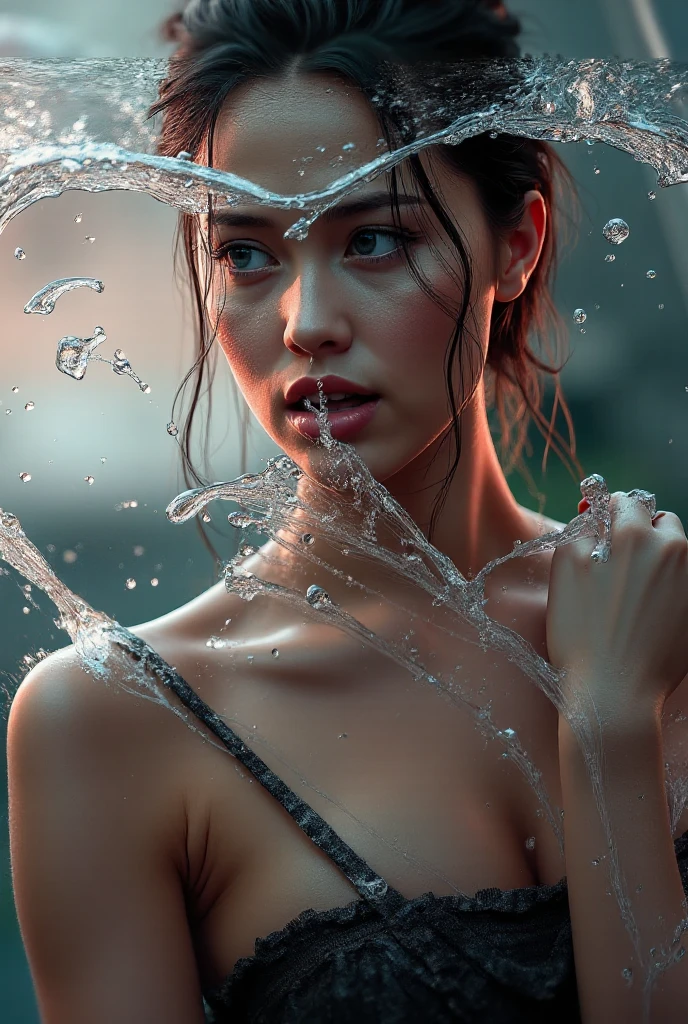 stunning realistic picture, masterpiece, high detail, small touches, positive and joyful tones, use natural color, chic (:1.7) Girl in the water, angle of half a girl in waist-deep water, that part of the body that is visible in the water, the water is crystal clear and , hair is wet, There are drops of water on the body, straightens hair with hands,  , raw style art, characterized by bright and delicate colors, thick textured paint, intense black strokes, and affected parts ral-drptpl , half of my lens is shooting a girl underwater, the second part of the camera is above the water