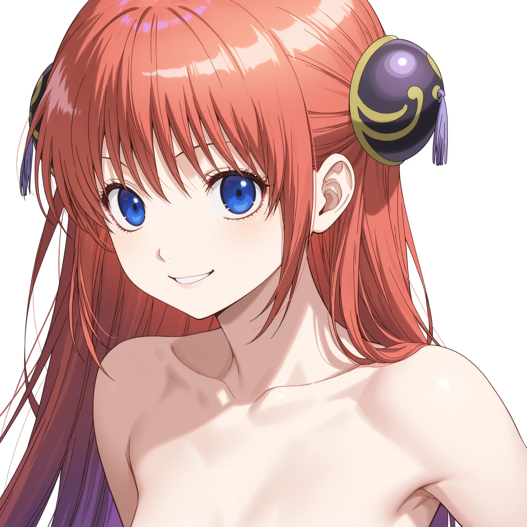 One Woman、Completely naked、Full nudity、No clothes、((Felt pen art、Constant thickness lines、Very thick contour lines))、Stained Glass Style、Smiling、((Flat Color))、Upper Body、Alphonse Mucha style、Red color hair、Hair between the eyes、long hair、Blue Eyes、double eyelid、Long eyelashes、clavicle、Huge breasts、Big Breasts、Large areola、Wide areola、Light-colored areola、Nipples、Angle from the side obliquely、
