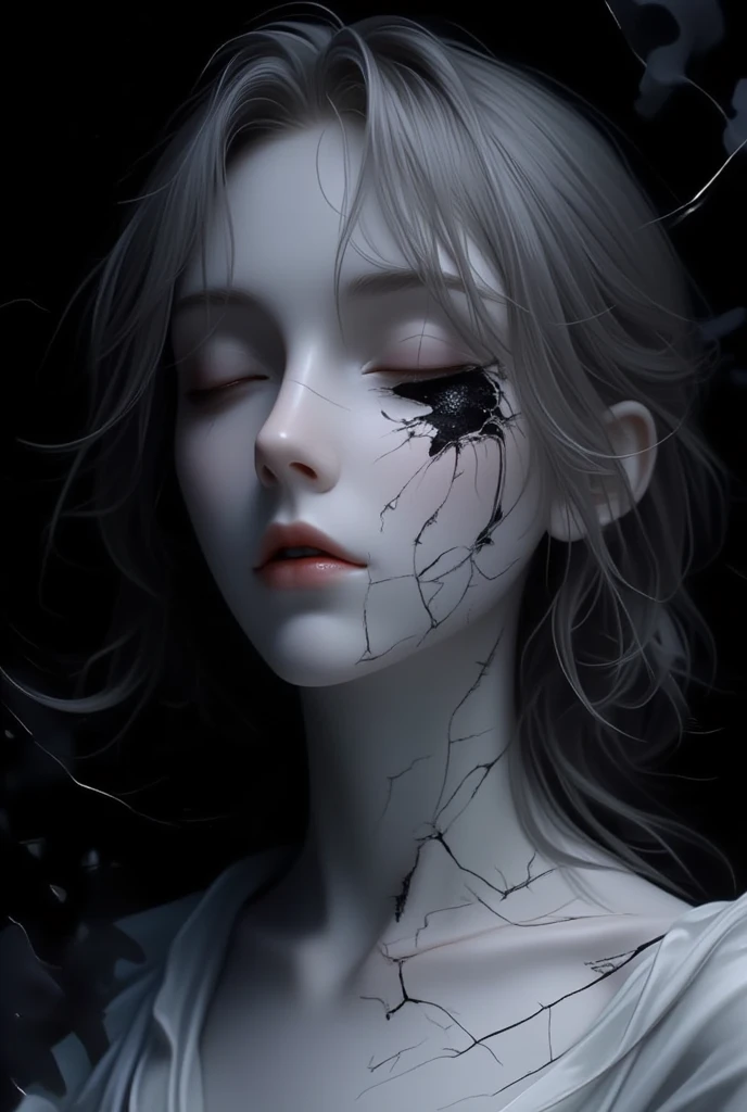 Ecstatic look、Clear skin、slick skin、russian vampire、close up of face、Mouth wide open、Blood from the mouth、Black and white、sluttish,barechested.Symetrical, artistic, close up, all her clothes are torn,,dystopian、gotik、Gothic lolita、 destruction, eyes focus, , Exposed skin, rag, Split black and white,with sublevel rack,Eroded by darkness and light,dynamicposes、Symetrical、}}}}, {{{Hyper Detailed}}}, {{{hight resolution}}}, {{Good anatomy}}, (((Best Quality))), ((Very delicately beautiful)), {{Very meticulous、Delicate}}, {8k cg wallpaper}, {{illustratio}}, (color background grayscale:1.1), Ray traching, Background bokeh, black backgrounds, (Splash ink:1.3), 1girl in , Solo,, blanche、Symetrical, artistic, close up, all her clothes are torn, , , Exposed skin,,, , Split black and white