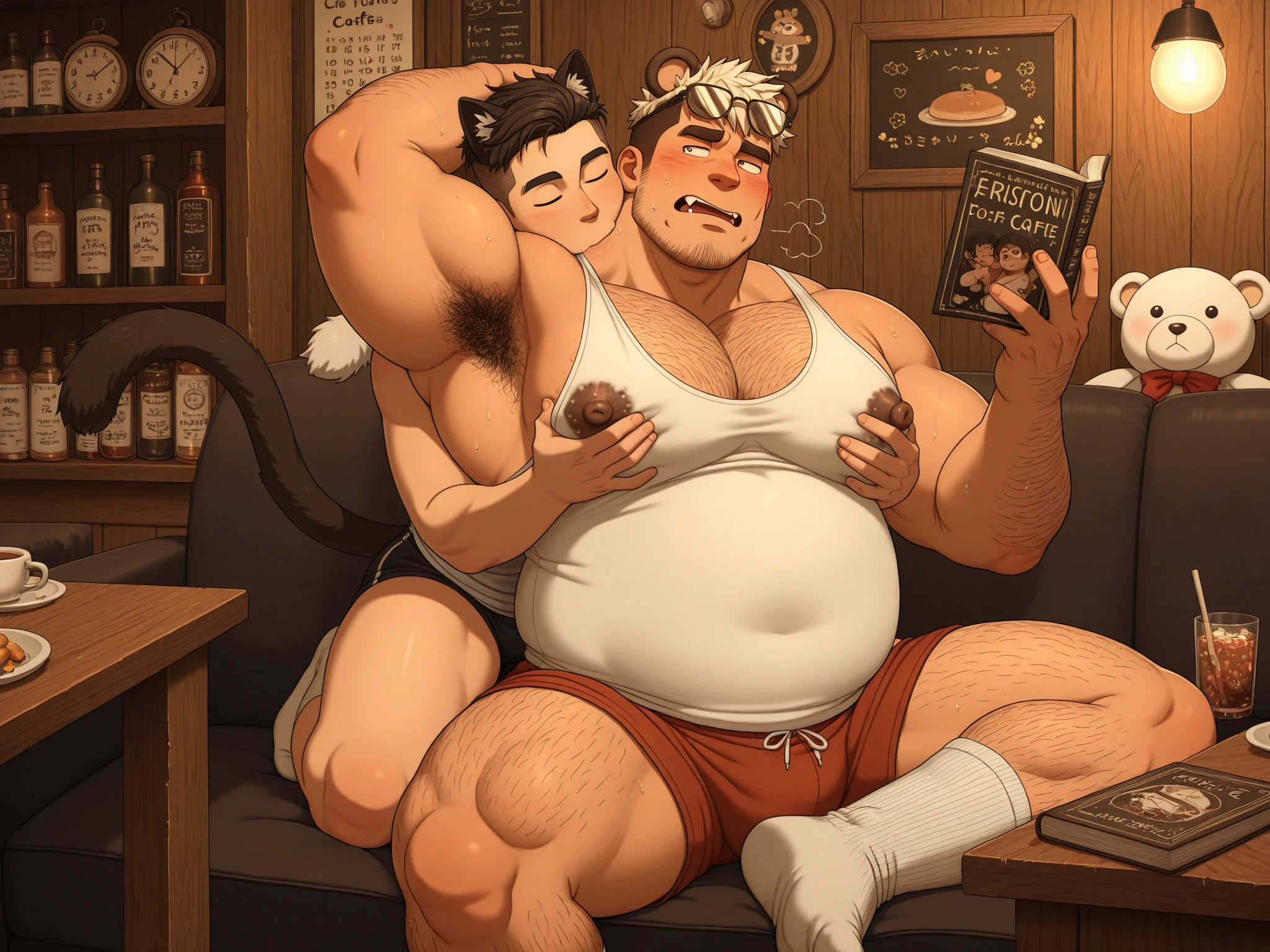 solo, tired tigers holding book in left hand and holding mug in right hand, two identical heads on one body frowning, bald, tiger ears, masculine, necks, correct eyes, adult, male, 50 years old, (stylized 3d, by disney, by rembrandt), by pixar:1.1, by dramamine, (fat, beefy, dadbod, chubby, big belly, sweaty, bathroom background, (shirtless, nude, flaccid penis, hairy testicles, big nipples), correct hands, correct anatomy, (ultradetailed, best quality, detailed masterpiece, highly detailed masterpiece, 4k, professional cartoon:1.7), (natural pose, sitting on toilet, reading book:1.1, holding mug:1.1)