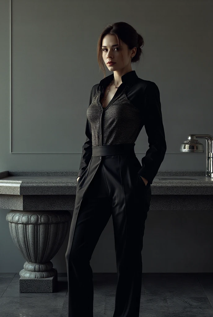 (((side view))), attractive blonde woman wearing dark gray business suit jacket with pants, high heel boots, white blouse, curly hair, standing in a bathroom,  wetting, big smile,  stains are gleaming wet, pants really soaked with , (((side view)))