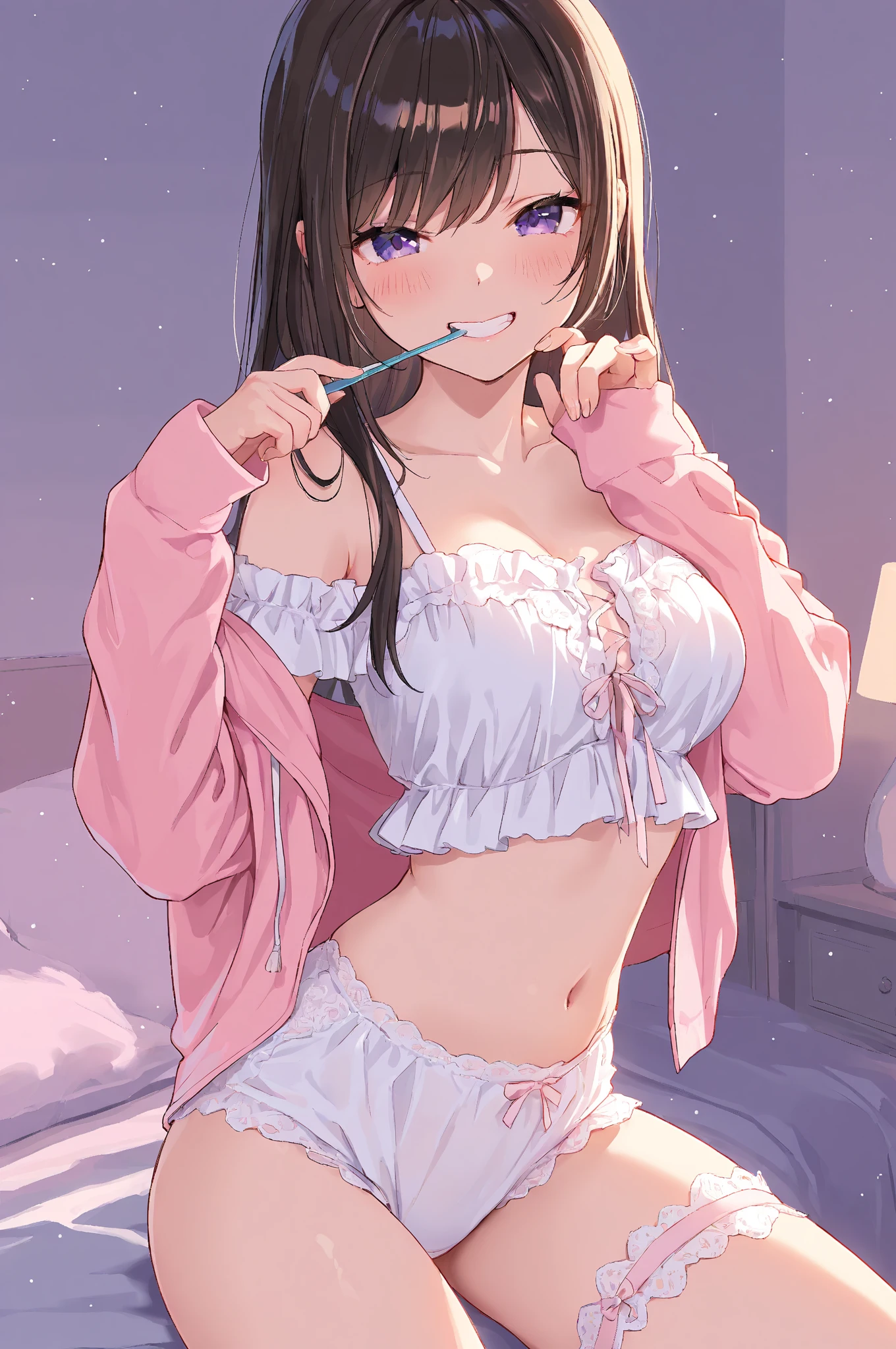 Beautiful illustration、top-quality、Cute little girl s、Bedroom、A pink-haired、length hair、(((Pink pleated skirt)))、(((pink sailor suit)))、shortsleeves、Colossal tits、a navel、Flipping up the skirt with your hands、Show white panties、Pull up your skirt and show your panties、bare-legged、blue eyess、on the beds、lovely thighs、glowing thigh、Shout with your mouth wide open、tongue-out、Peeing