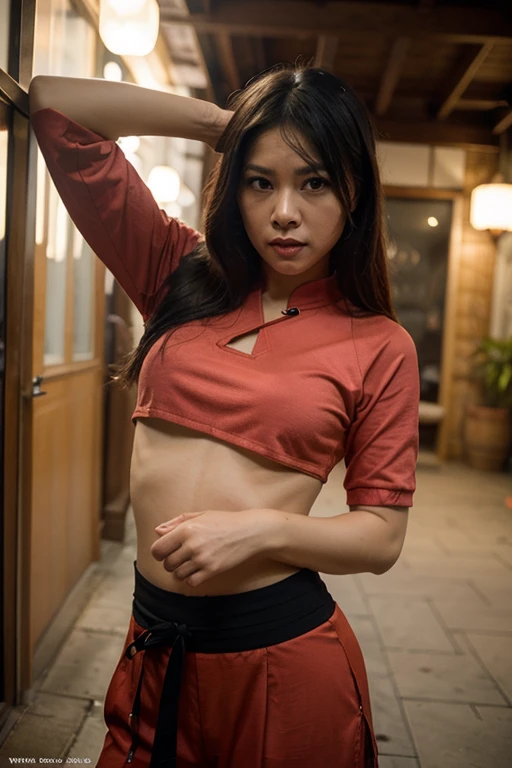 a beautiful woman with straight hair, wearing an open Korean jacket, On his chest, a tattoo of a circular dragon in red combined with bright green is clearly visible, the tail is in the center, mall cafe table background, 8K UHD picture, Realistic