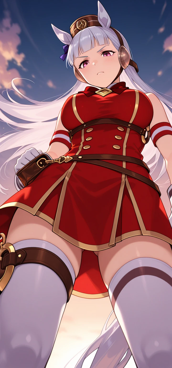 (masterpiece:1.2, best quality), (real picture, intricate details), large testicles under shorts, groping own crotch, testicles bulge, futanari bulge, breasts larger than head, very thick thighs, tight jacket, jacket barely containing breasts, alisaie, (alisaie leveilleur (final fantasy)), 1girl, elf ears, red jacket, thigh boots, white shorts, fit female, realism, Detailed, intricate, sharp focus, Ultra-detailed, detailed pupils, puffy lips, skindentation, (intricate detail), (Soft Lighting), Charming smile, white hair,