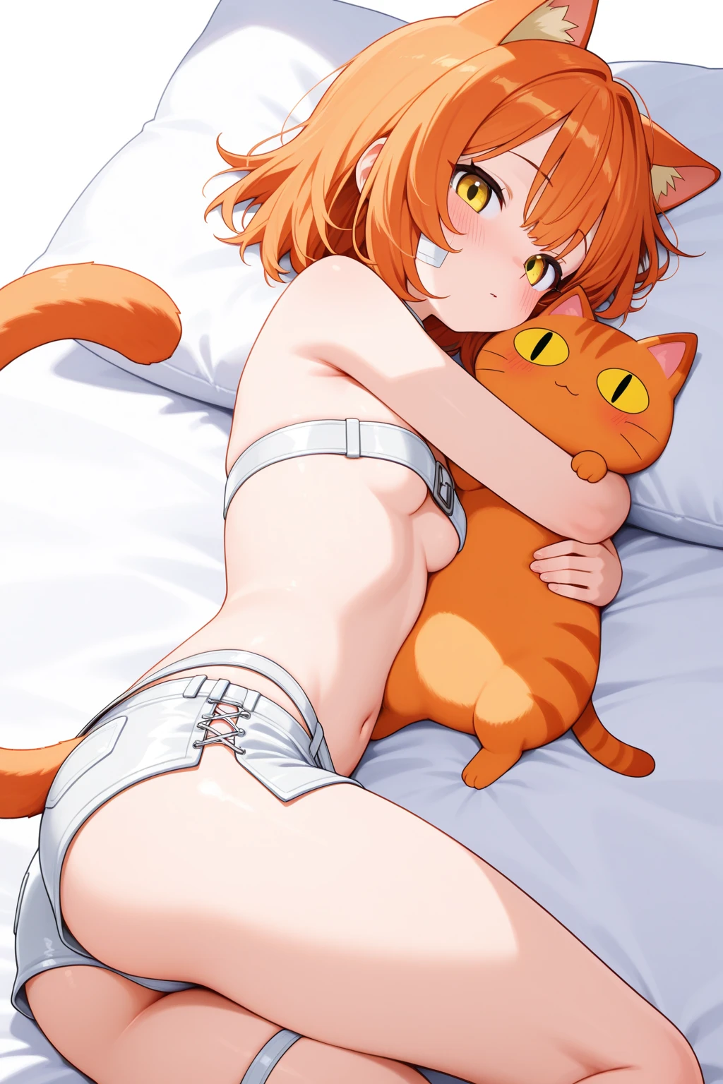masutepiece , 1girl in , Background , Orange hair , hair between eye , sleepy eyes ,ssmile, bobhair , Choker , Open your mouth and stick out your tongue、Upper body naked, Show your ass、stick out buttocks、Sleep on your stomach with your butt forward on the bed、small see-through yellow panties、Big、Beautiful buttocks、Plump body、Hip Emphasis、A cat stretching pose that makes your hips stand out