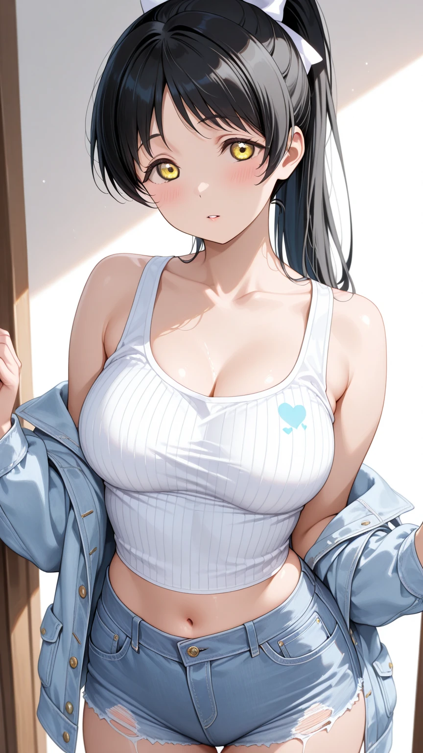 masterpiece, best quality, Full-HD,
 nsfw,
 (1 girl, 18 years old:1.2), solo,

 Natural makeup, glossy lips, baby face,
 ｛(almond eyes, cyan eyes:1.2)｝, (japanese girl:0.8),
 (fluffy huge boobs, sagging , big areola),
 plump, voluptuous, wide hips, thick thighs,
 lustrous skin, shiny skin, oiled skin,
 ｛(short twin tail hair, midnight blue hair:1.2), straight hair｝, parted bangs,

 (white long sleeve collared shirt:1.2),
 barefoot, bare legs,

 (shy smile, embarrassed smile),
 looking at viewer
 standing, leaning forward,

 (solid white background:1.5)
 ((cowboy shot, front view)), focus to cleavage
