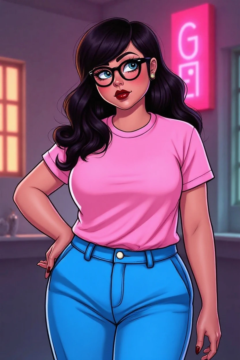 ((masterpiece, best quality)), Curvy Latina in black band logo shirt and pink cotton panties, in apartment overlooking the city, pixel art, pixel, comic book art style, intricate details
