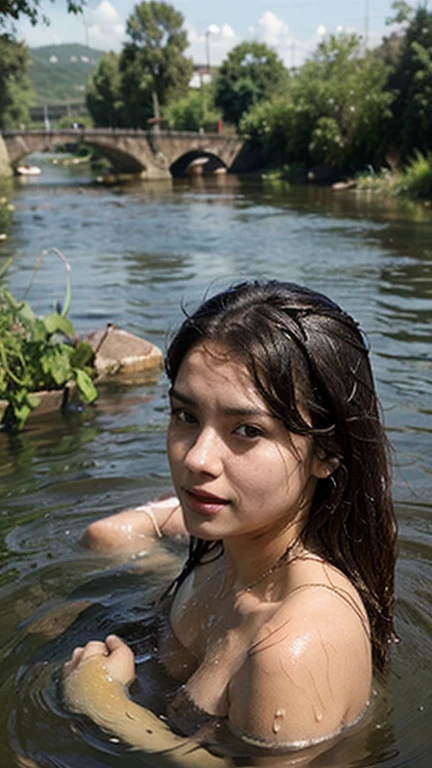 Girl 11 years old. tetas_muy_Small, Small body,  cascada, cabello rubio claro, cabello largo, desnuda, cuerpo entero. smiling expression . playa.  Sin sombras