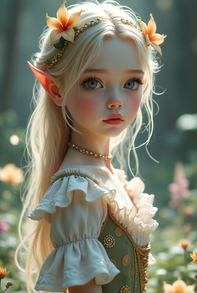 young girl, Slim teen girl, skin very white, hairless, Pointed ears but not very large, Gold lipstick and a completely gold and beautiful dress with gold and silver details as well, blue eyes and penetrating gaze.