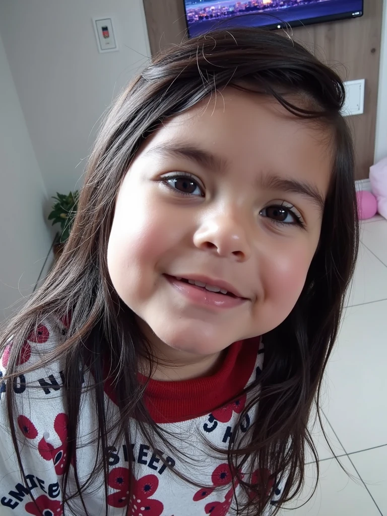 com base neste rosto, crie uma imagem dessa menina pintando, com roupa suja de tinta