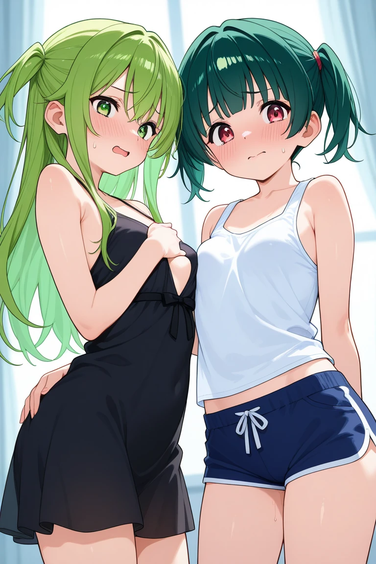calidad superior, Obra maestra, Ultra high resolution, Anime illustration of a 1 very short femboy boy with very short green hair, She has green eyes and is wearing a short shirt and very tight shorts. She is in a cafeteria. She has big thighs and a very feminine body with a flat chest and a thong coming out of her tight shorts.