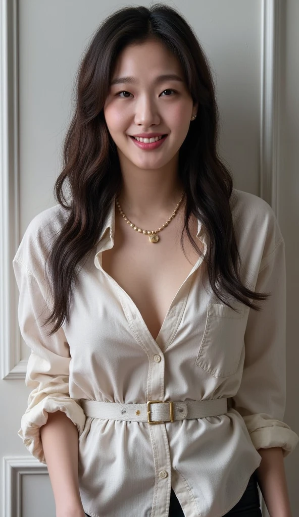 a woman in a white shirt and jeans posing for a picture, clothed in white shirt, wearing a white button up shirt, by Olivia Peguero, wearing lab coat and a blouse, promo image, karla ortiz, taken in the early 2020s, earing a shirt laughing, wearing a white blouse, blanca alvarez