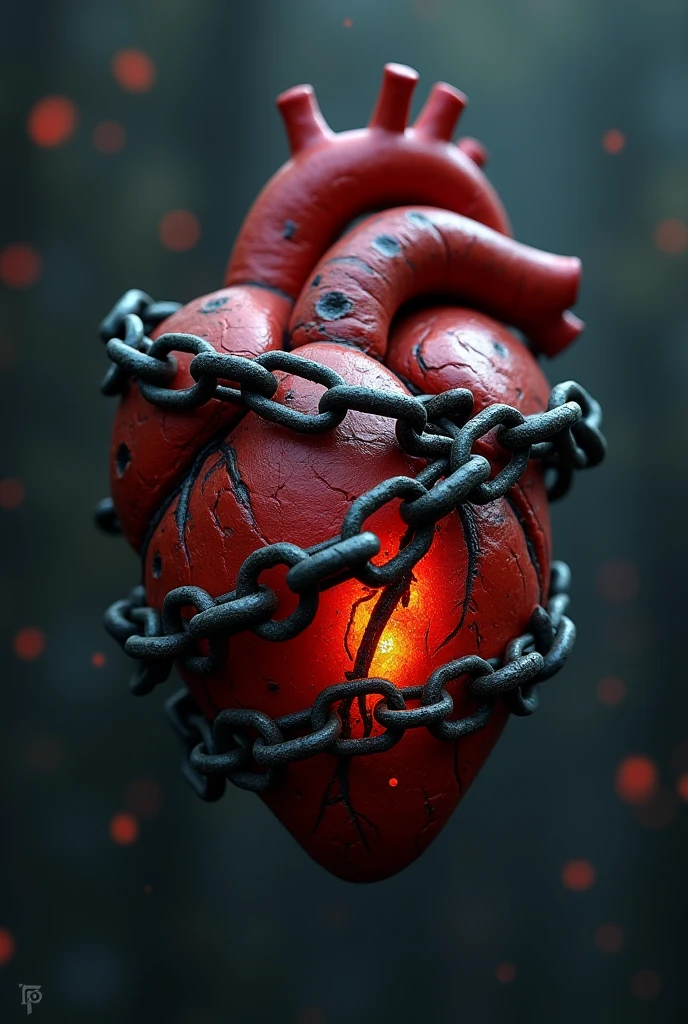 [Vision:1.0]，[Wide Angle:1.0]，A heart bound by heavy chains, the chains are intricately designed and wrap tightly around the heart, rusty and aged appearance, background is a dimly lit room with a gothic style, candles flicker in the dimness casting dramatic shadows, (best quality,4K,8k,highres,masterpiece:1.2), ultra-detailed, (realistic,photorealistic,photo-realistic:1.37), sharp focus, physically-based rendering, concept art, dark and moody color palette, deep shadows and highlights, atmospheric lighting