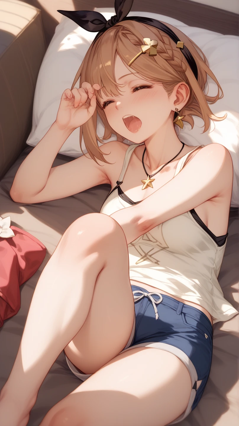 1girl,indoor,bedroom,Lying on your back,orgasm,Dripping saliva,in heat,White camisole,Light blue jeans,,Brown Hair, short hair, ponytail,Flat Chest, trembling,pussy juice stain