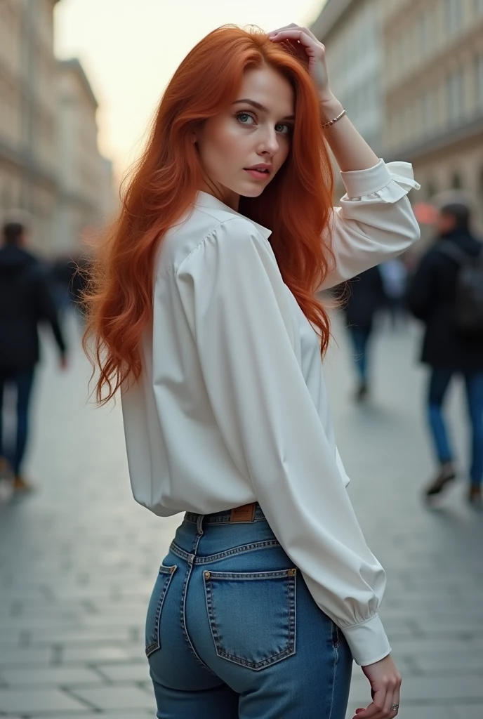 (full body shot:1) photorealistic image of a (standing pose:1) woman, ultrarealistic, photography, long red hair, woman, 24 years old, hourglass figure, perfect body, Flirty look, natural medium breasts, blur background, full body, long_hair, gorgeous, city girl, (thin and slender). neckline, western, (unbuttoned white shirt), (short_shorts). Hips and groin showing. slim legs. hot girl, posing seductively leaning on a wall in an ancient city street, (masterpiece), Best quality, high resolution, extremely detailed, blurred background, depth of field, cinematic lighting,
