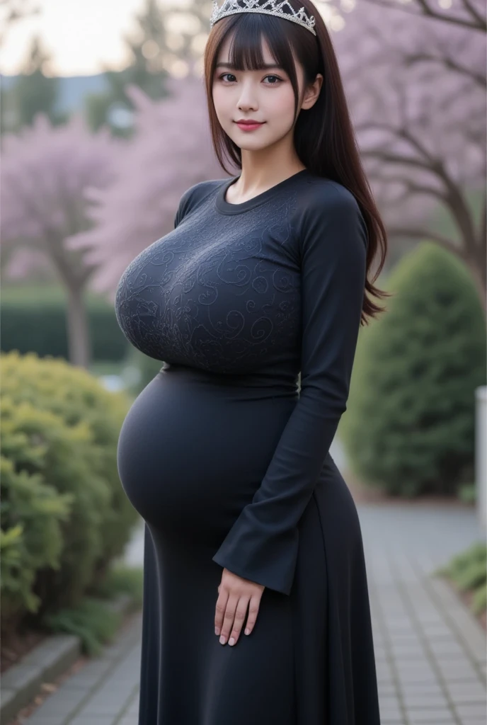 Photorealistic Production, One Person, Realistic Image of a Gorgeous 25 Years Old lady, (huge boobs:1.2), gigantic , ((huge pregnant)) , blue dress,Pale Skin, Waist-up Shot, (Blue-Rose:1.2), Blue-Rose Garden, From Front Shot, Cinematic Shot, and Lighting, Perfect Human Anatomy, Intricate Hand Details, Sharp Focus, Ultra Detailed, Taken with DSLR camera, Depth of Field, Incredibly Realistic Environment and Scene, Master Composition, and Cinematography