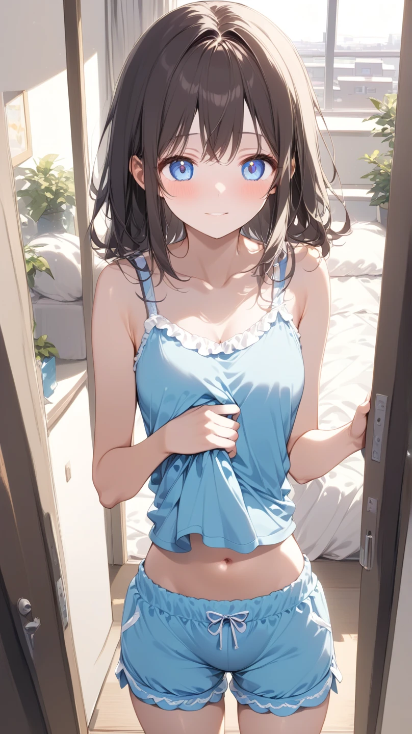 Mikan Yuuki,,blush,smile,Camisole clothing、Carrying a school bag、primary school、Primary school students、The back is very small、Lolita、Small breasts、Appearance: 14 years old、Shoulder Bare、Visible collarbone、Sexy thighs、Beautiful legs、See-through lingerie、Usual hairstyle
（masterpiece:1.2), highest quality, High resolution, unity 8k wallpaper, (shape:0.8), (Beautiful and beautiful eyes:1.6), Highly detailed face, Perfect lighting, Highly detailed CG, (Perfect hands, Perfect Anatomy),