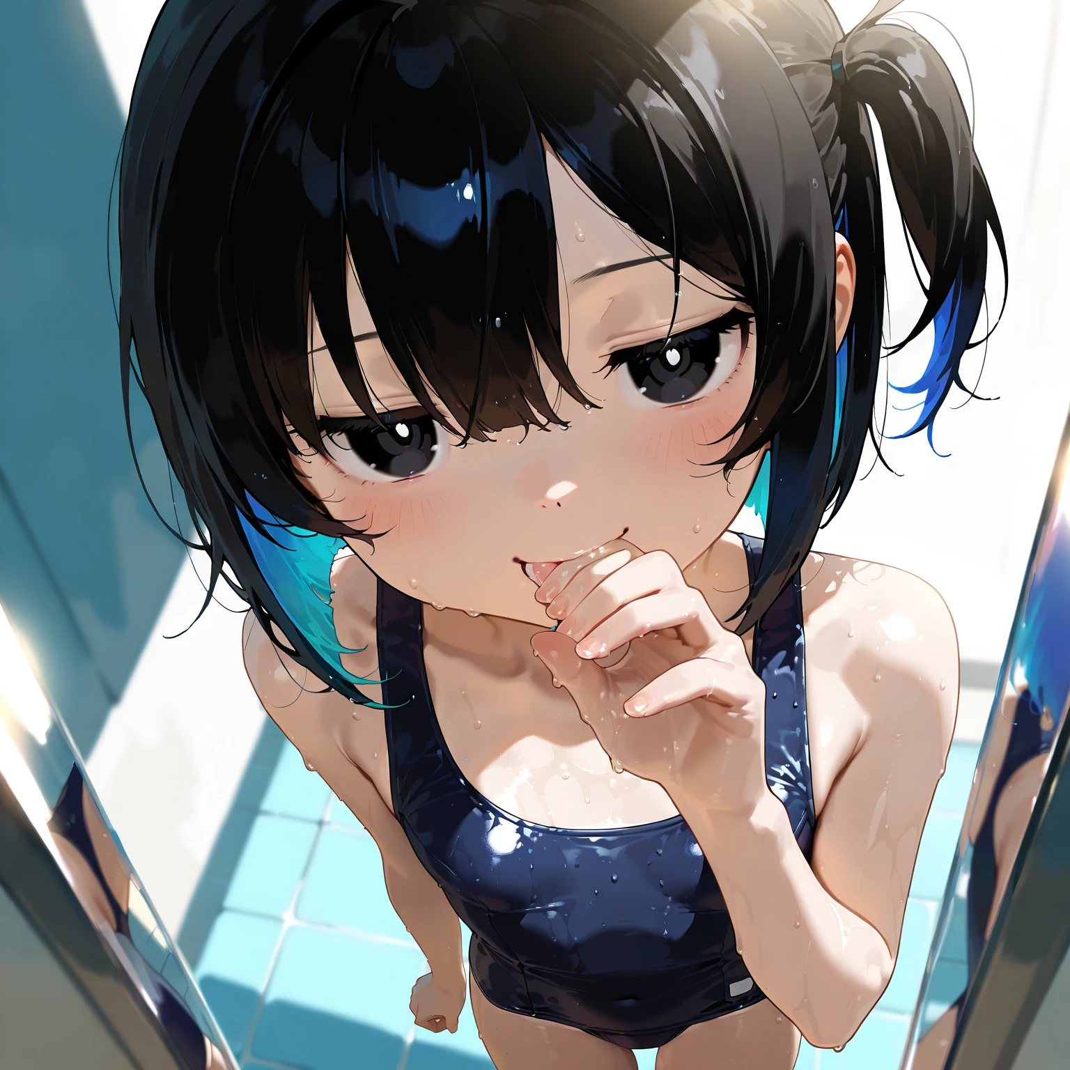Beautiful girl at 13 years old,Japanese,,,Small and slim,Flat Chest,Small breasts,Baby Face,Small face,Black Hair,Twin tails,Grey Eyes,middle School girls,Micro Bikini,open mouth,tongue out,Kneeling and sitting,Tie hands behind back,Beautiful and detailed anime art,puzzled look,high angle, looking at viewer, looking ahead, from above,cowboy shot,Sexy vibe,cum on tongue,toilet