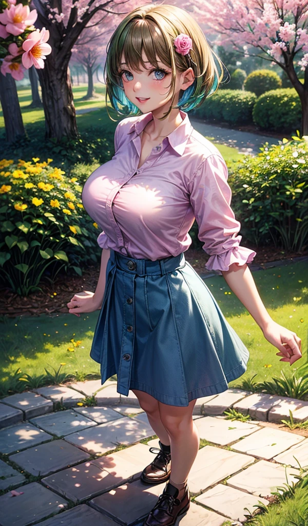 Please follow the all prompts below exactly and faithfully, This is a breathtaking masterpiece of digital illustration, with maximum resolution, UHD, 512K, 2160p, 10 million ppi, 300 million dpi, natural color tones, ultra sharp details, perfect outlines with contrast, ((smooth, soft and clearly and most realistic hair texture)), most beautiful detailed eye features, perfect anatomically correct human body, beautiful background with depth, rule of thirds, depth of field, Maximize all element is used to its full potential to create the best digital illustrations, 1woman, sexy, 25years old, beautiful face sharp, elegant woman, Ultimate perfect body style, beautiful beautiful big breasts, Maximize upturned breasts, green eyes, shiny blonde hair, short hair, bob cut, (eyes visible through hair:1.3), glossy very thick lips, pink lipstick, smile:1.5, BREAK A summer dress with a wide-brimmed hat, a necklace, earrings, and a bracelet, in refreshing colors, with vibrant hues, detailed with polka dots, made of breathable cotton, short sleeves, midi-length, with a cinched waist, pleated skirt, and a square neckline, featuring a bow at the back, with pockets, and a scalloped hem, BREAK Walking in a park with many trees, in front of a huge fountain, with the wind blowing,niji5