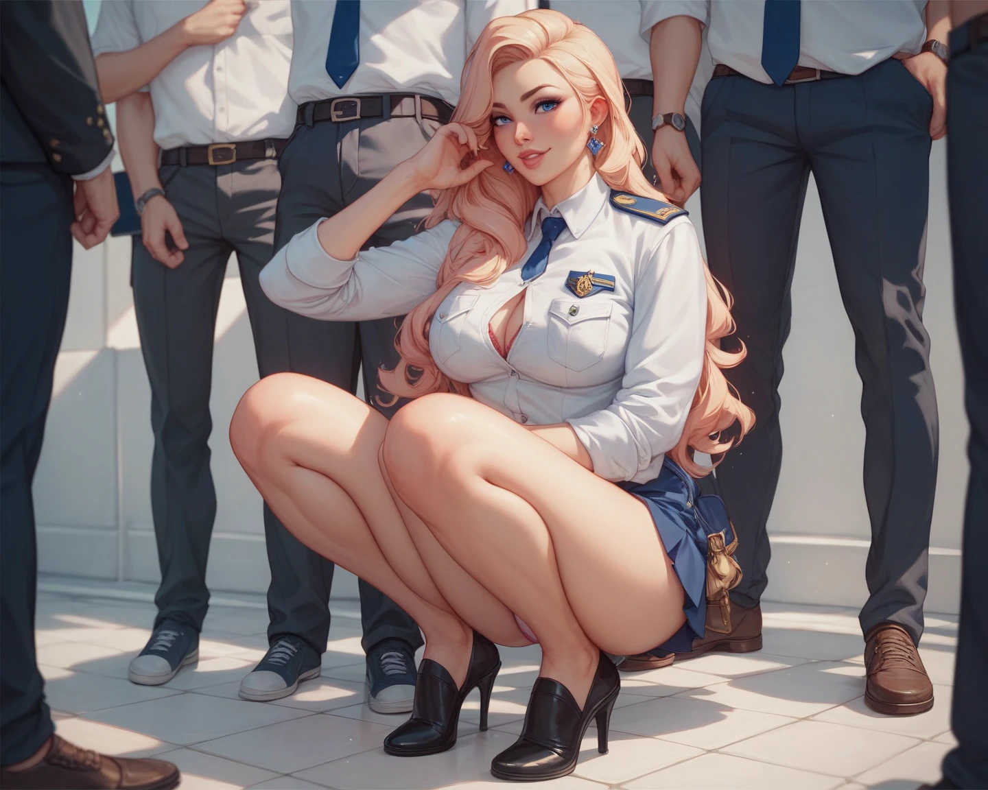 (detailed historical movie still by Jessie Willcox Smith and Norman Rockwell and Leonid Afremov), (nude) german female officer, hat, ponytail, standing, at attention, saluting, futuristic city, trees, sky, god rays, thighs, big breasts, labia, strong, detailed eyes, (line art),uniform, necktie, shrug \(clothing\), long sleeves