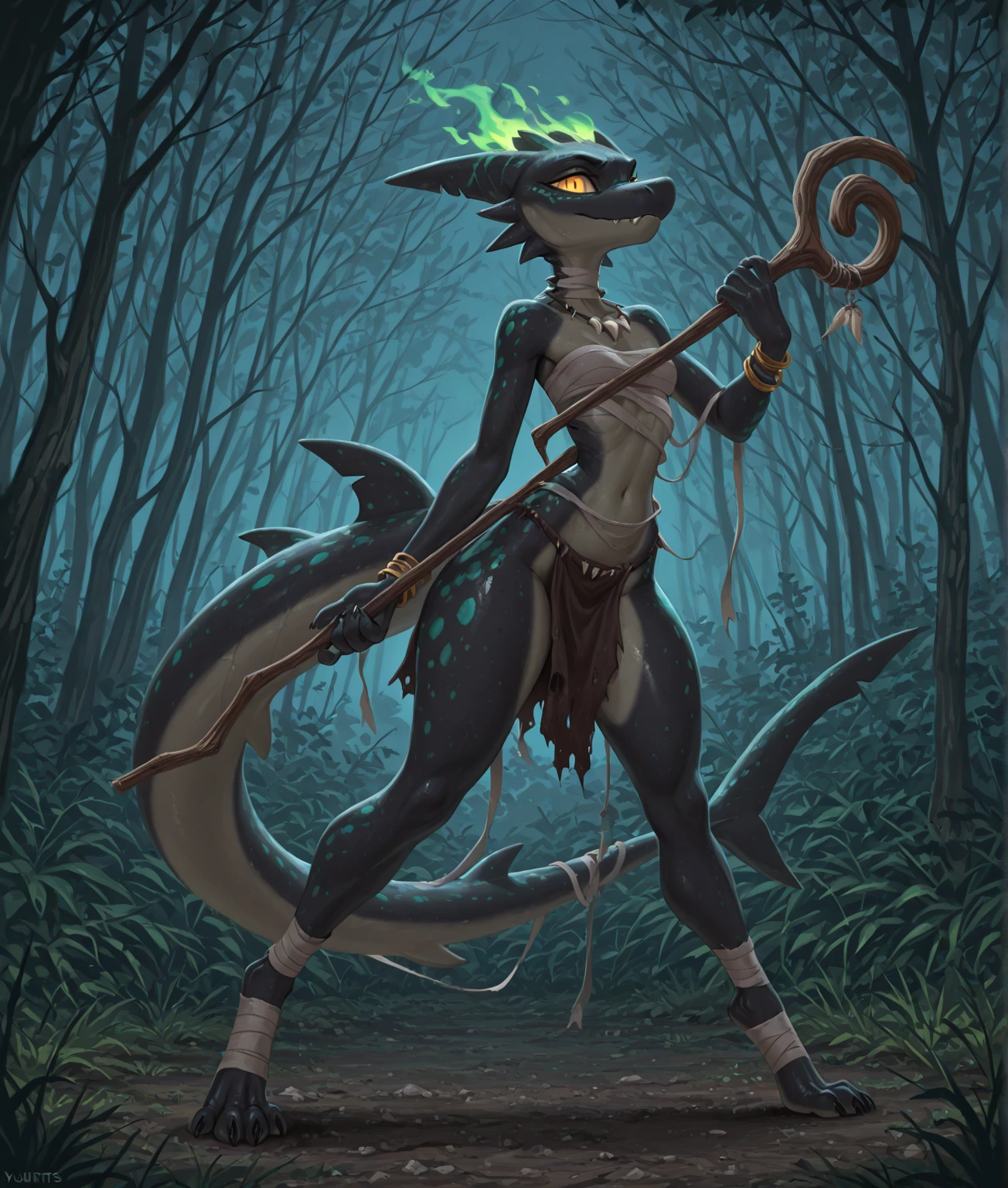 Kobold, scalie, solo, (black skin), anthro, female, kobold female, women, flat chested, flat breasts, horns, Red tribal tattoos, Red womb tattoo, tail, kobold tail, golden eyes, Penetrating gaze, licking, licking lips, pussy, standing, tail, Magic staff, cuff gold, neck cuff very thick, in a jungle mangrove, (green slime loincloth), Warlock Kobold, tongle, tongle out, cuff gold, neck cuff very thick, naked, tentacles attacked, red tentacles, tentacle rape, tentacle vaginal penetration,