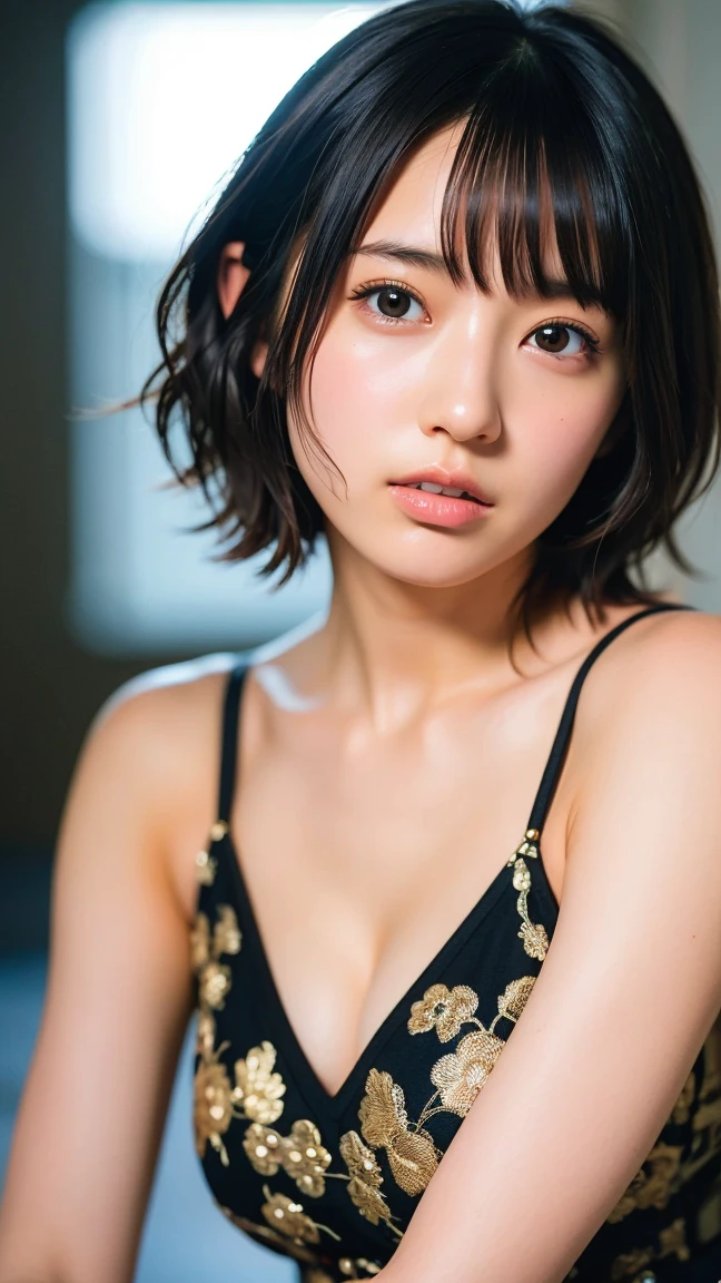 mikasa,19 year old young woman, cat ears, Best quality, High resolution, Short hair, Black eyes, look at the viewer, plain blue back, beautiful, her nipples visible, Highest quality, high resolution