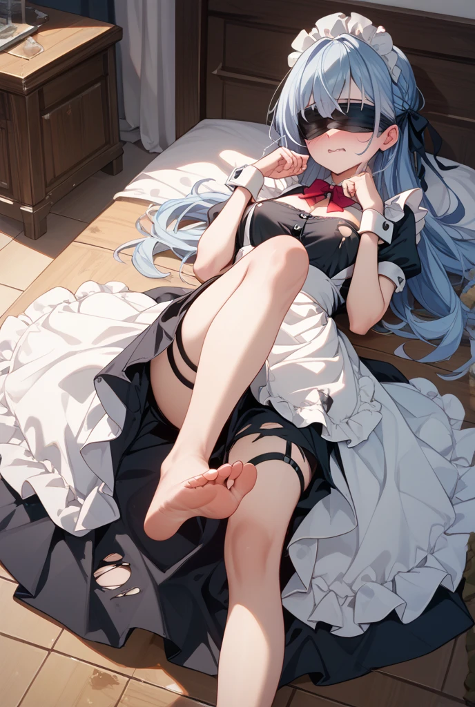 1girl,long hair,blue hair,purple eyes,tied up,belts,black thights,on the bed,arms behind back,gag,ball gag,sex toys,on the bed,vibrator,tape bound,collar,sex,cum,sweat,orgasm,bunny suit,bunny ears,twintails