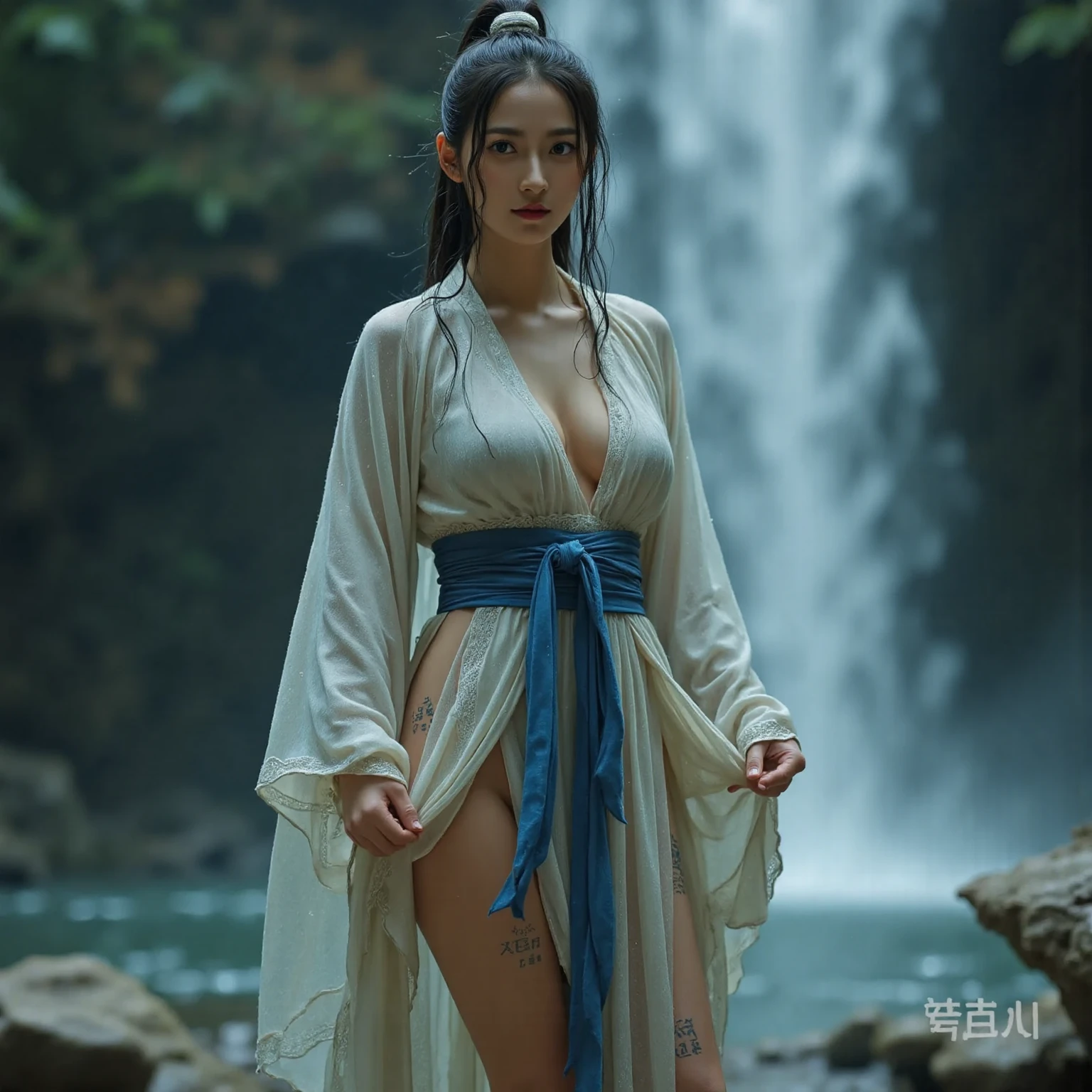 a woman standing in front of a waterfall, kpop star, flowing robes, instagram model, panoramic view of girl, mayan style, she has pale blue skin!!!, her hand is on her waist, her face flushing and sweat, wearing gorgeous clothing, smartphone photo, event, uncropped
