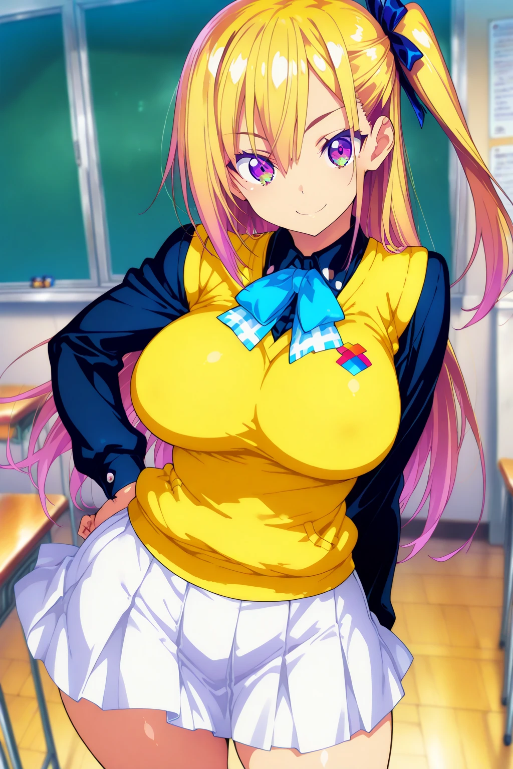 blonde Hachimiya Meguru with twintails, a very detailed face, blue eyes, very large breasts, a slim waist, slim hips, pink t-shirt, a light blue skirt, a gold star necklace, very long chain earrings to the shoulders, sitting in a class room at a school desk.