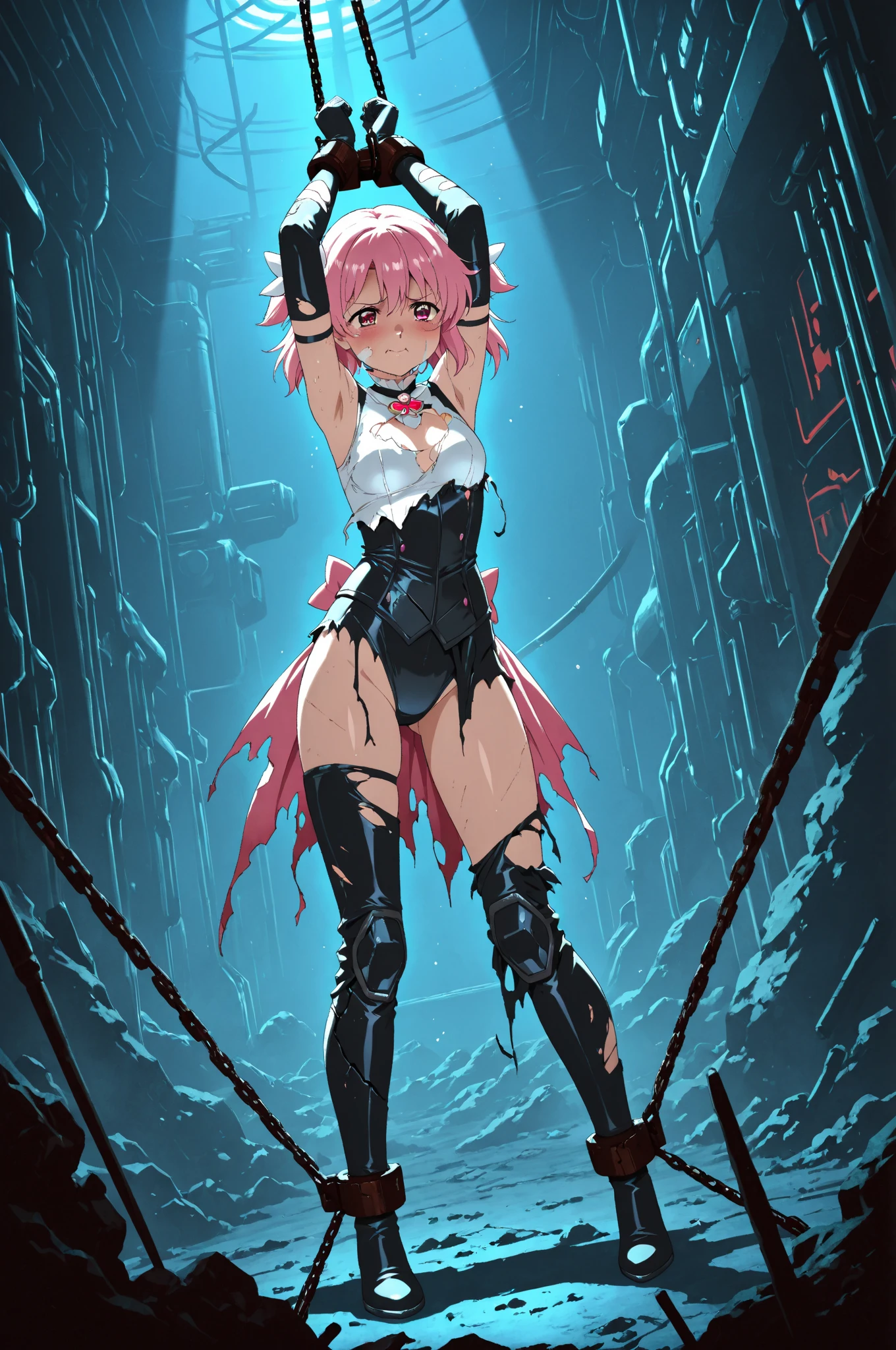 Girl, (((lifting skirt))), to reveal underwear,thong, cleavage, big boobs,very long hair,bdsm,chains,bondage,elegant girl,dainty girl,rurudo,pixiv,thong,gloves,((loli)),white clothing