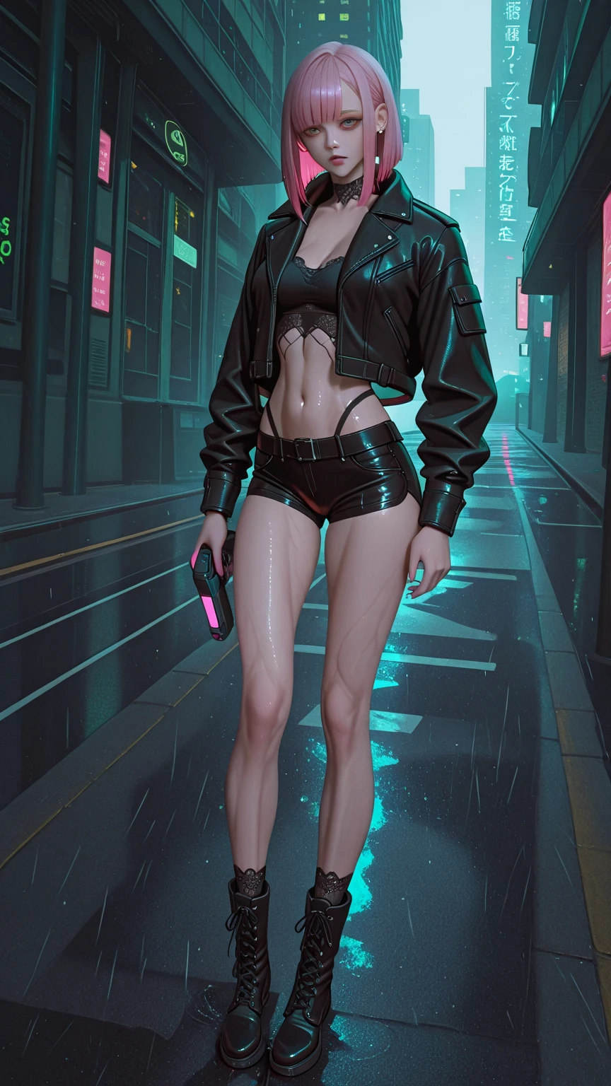Use this picture to create a neon yellow rainy grid like background with the model on the front and the word Kaliber on the bottom