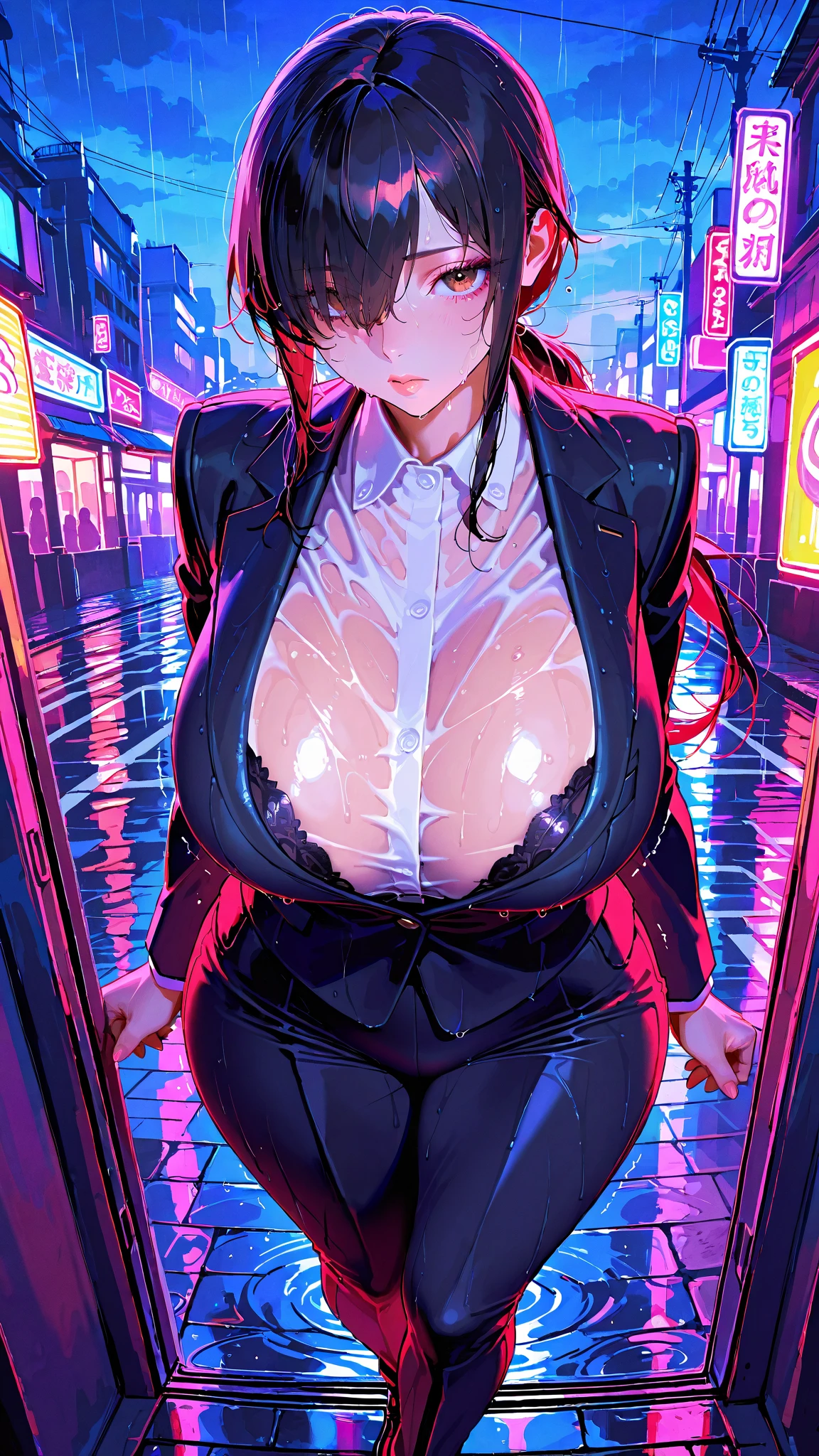 Woman with light blue skin, simple low-cut turtleneck dress, blue sports pants, White sweater, dark metallic blue hair, huge breasts, beautiful legs, large eyes, cyberpunk background, Blue tennis,short legs, sad, short straight hair, large round black glasses. standing. shy, Second plan, 1.55 tall, avatar style blue skin