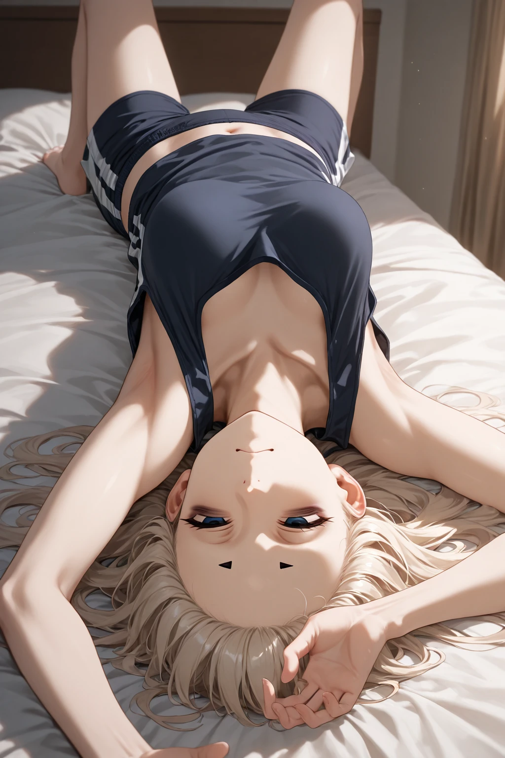 (Highest quality、In 8K、32k、masterpiece、Hmph:1.2)、One Girl、Beautiful Japanese Women、Big breasts and small waist、（Beautiful nape）、((Updo))、(Wearing a camisole、hot pants)、20-year-old、In a room bathed in morning sunlight、（Biting pose:1.2)、(smile:1.5)、
