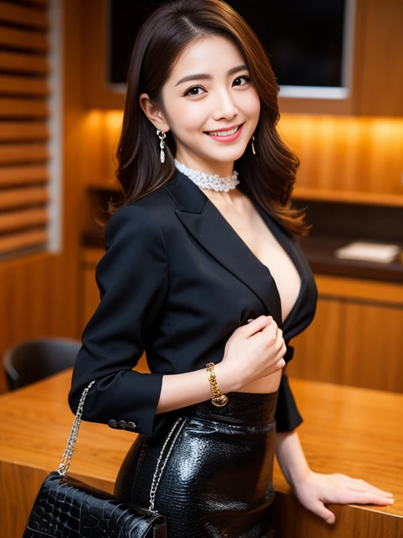 Delicate, Masterpiece, Beautiful Detail, Colorful, Fine Detail, Detail, Detail, Big Breasts, 1 Woman, (20 Year Old Beautiful Korean Woman: 1.1), (KPOP Idol, Korean Mix), (50mm Sigma f/1.4 ZEISS Lens, F1.4, 1/800s, ISO 100, Photo: 1.1), (Ponytail + Black Hair: 1.2) Realistic: 1.4), (Spy: 1.2), (dark blue open jacket, shirt, skirt, tie, black pantyhose, Christian Louboutin \ (brand\): 1.3), earrings, necklace, armlets, (tavern: 1.2), (beautiful legs, tall woman, skinny, slim legs, thigh gap, model: 1.2), lens flare, happy smile from the front: 1.1), Dynamic pose, (make: 1.2), sitting on a bar stool, Nogizaka idol, Korean idol, actress, gravure idol, selfie,